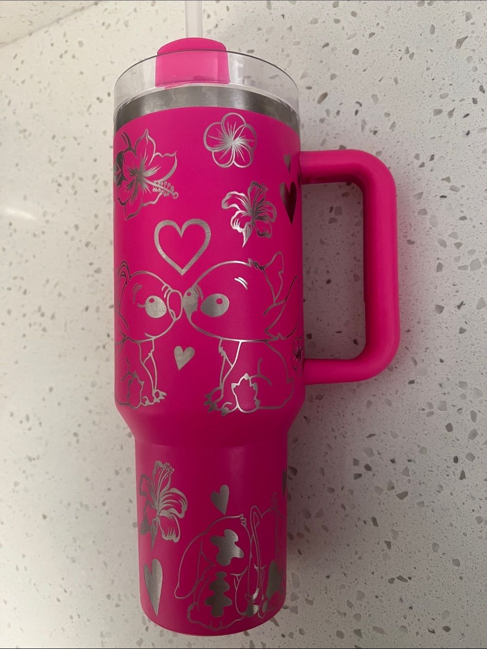40 oz Hot Pink Tumbler w/ Handle (Stanley Inspired) w/ Stitch graphics